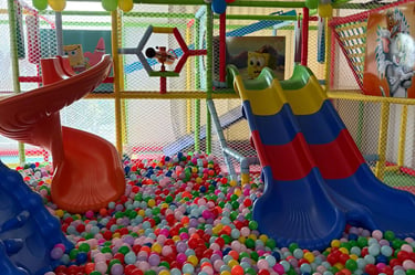 Indoor soft play area featuring colorful slides and a large ball pit for children's recreation.