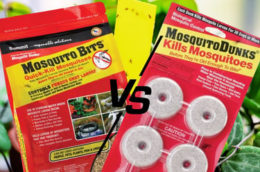 mosquito bits bag and mosquito dunks package side by side with a vs graphic in the middle