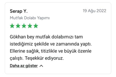 Serap isimli müşterinin mutfak dolabını tam da istediği gibi aldığını vurgulayan görsel