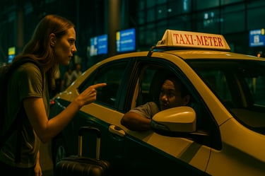 Frustrated female traveler arguing with taxi driver at Bangkok airport over fare, highlighting issue
