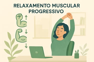 "Pessoa praticando relaxamento muscular progressivo no trabalho, técnica para ansiedade
