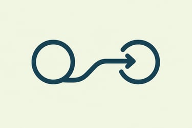 Minimalist line art icon showing a curved arrow connecting two circles representing process flow.