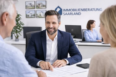 Professional real estate agent consulting a couple at Immobilienberatung Saarland office.