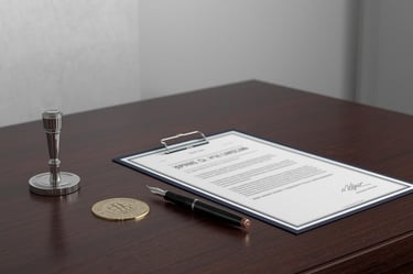 Documento legal firmado en portapapeles, con pluma y sello, sobre escritorio de madera.