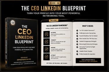 The CEO LinkedIn Blueprint book cover and table of contents showing profile optimization strategies.