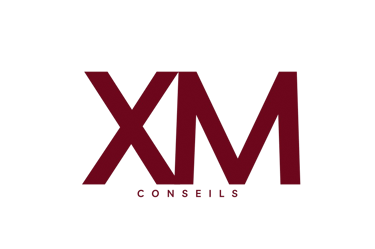 a red and black logo with the word xm on it