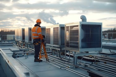 Generic Industrial HVAC photo with an engineer on top of a building doing checks on the HVAC system