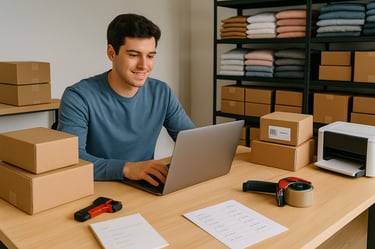 Man working at desk with laptop and stacked cardboard boxes on shelves behind him.