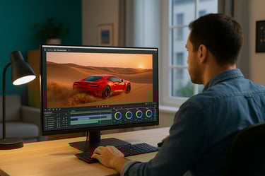 Man editing a sports car image on a desktop monitor for a tech and AI side hustle