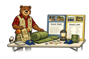 A cartoon bear scout leader sets up a scouting display with camping gear.