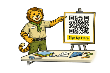 A cartoon tiger scout leader points to a registration QR code.