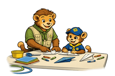A cartoon monkey scout leader helps a child make a paper airplane.