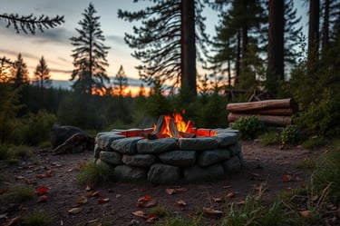 golden flames flickering against a backdrop of towering trees and scattered stones,