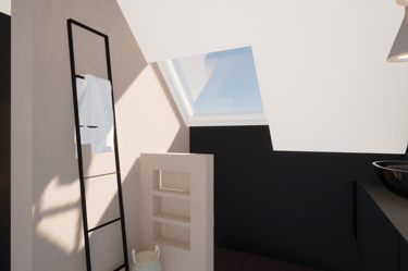 Rénovation d'une salle de bain avec un velux, des éléments sur-mesure, une étagère et murs beiges