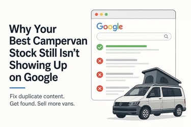 Campervan dealership SEO illustration showing duplicate content issues affecting Google rankings.
