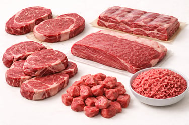 Halal export-grade beef cuts display featuring steaks, ribs, cubes, and minced beef