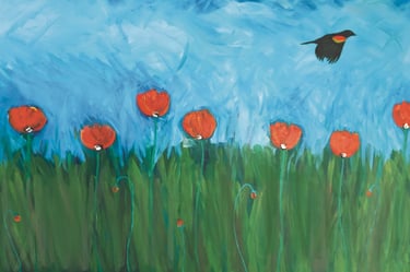 Stylized painting of red poppies in a green field with a red-winged blackbird flying in a blue sky.