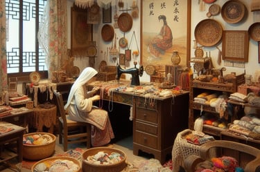 a woman in a white robe is sitting in a room with baskets and baskets