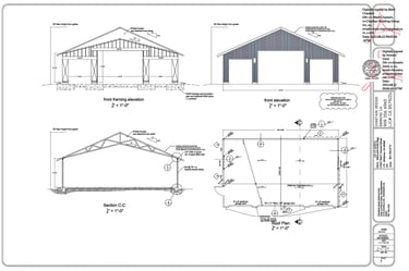 Engineering showing framing elevations of RV garage in Wildomar, CA by SAE Builders.