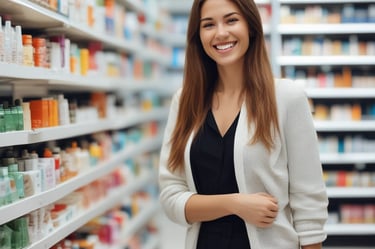 A person holding a shopping basket filled with fresh green basil, carrot tops, a paper bag, and a glass bottle of milk. The scene is set in a grocery store with fruits and vegetables displayed on shelves in the background.