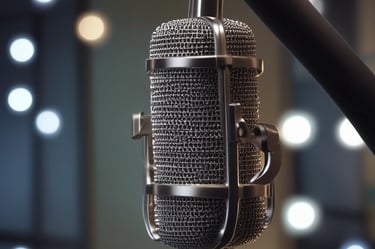 Czarno-szary mikrofon studyjny w grafitowej, metalowej obudowie, w tle nieostre wnętrze studia.