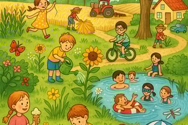 Wimmelbild Sommer am See mit Tieren und spielenden Kindern