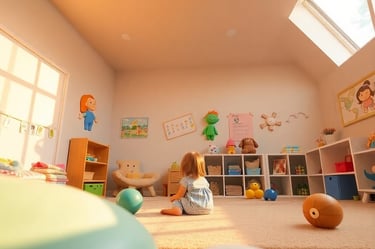 Low angle view, golden hour lighting, depicting a functional and luxurious sensory playroom design