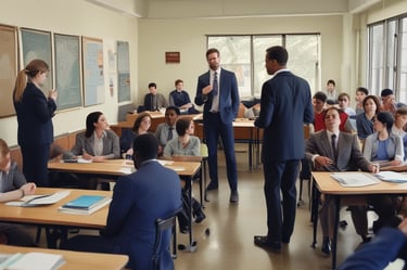 A professional lawyer consulting with a client in a modern office.