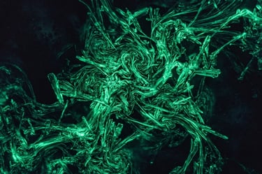 Macro close-up of liquid crystal structures flowing, glowing emerald green light, dark obsidian background, moody editorial photography, 35mm
