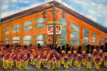 Philadelphia Mummers 2 panel together 27.94 x 35.56 cm, Airbrushed, Acrylic Poured Paint, and Oils.