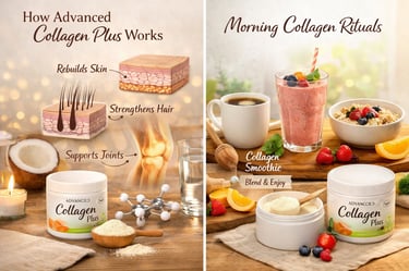 Infographic showing how Advanced Collagen Plus powder supports hair, skin, and joints in a morning ritual smoothie.