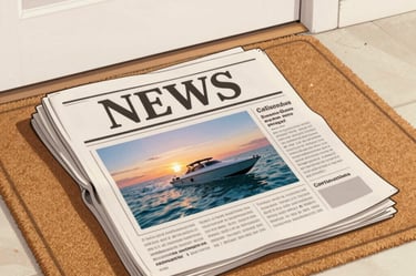 Newspaper with a picture of a boat at sunset