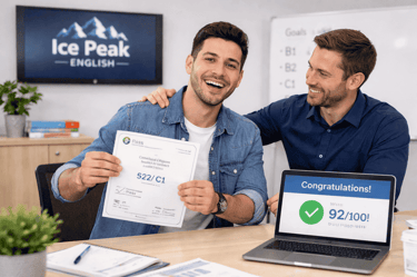 Estudiante celebrando la obtención de su certificación de inglés tras alcanzar su meta académica.