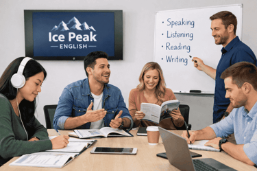 Estudiantes desarrollando speaking, listening, reading y writing en una clase de inglés.