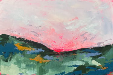 Kate Young abstract painting, size 24x36, pink and green and blue, Guelph artist