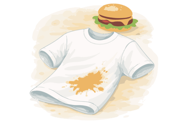 Camiseta blanca con mancha de salsa o comida.