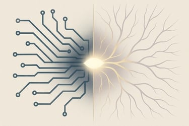 Illustration of a neural network, half circuitry and half organic filaments.