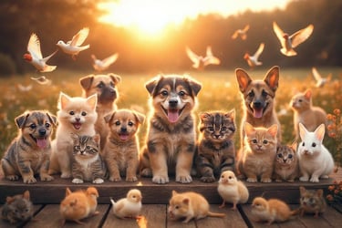 Cachorros, gatos, pássaros, coelhos e outros bichos postando para foto representando os Pets de Deus
