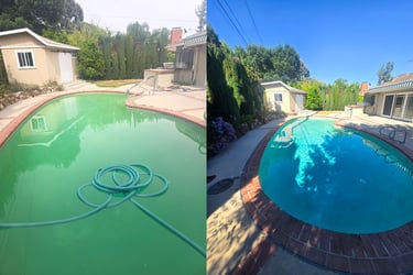 Before-and-after pool images showing green algae cleanup and transformation into a sparkling clean pool by Piscus Pools.