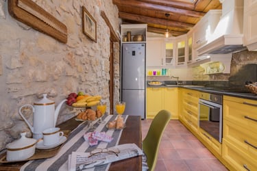 Fully equipped bright colors kitchen in Villa Galanoussa
