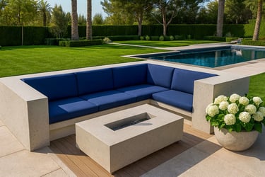 Modern outdoor sectional by Solo Home Decor in a luxury backyard with pool, concrete fire pit, and lush green landscape.