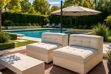 Luxurious custom outdoor furniture by Solo Home Decor, styled in a high-end backyard with pool and modern landscaping.