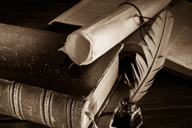 old book, papyrus scroll, quill pen