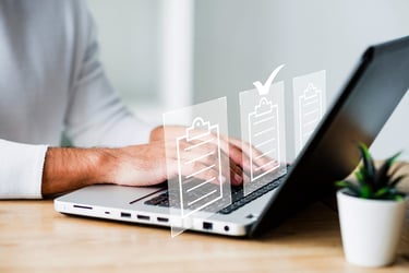 Product Registration UAE person using laptop and tasks layout