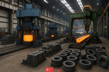 Intérieur d’une aciérie avec des presses industrielles, un lingot chauffé au rouge en cours de forge