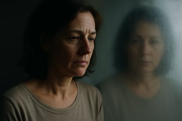 a woman’s reflection in a fogged mirror saying “this isn’t me anymore.