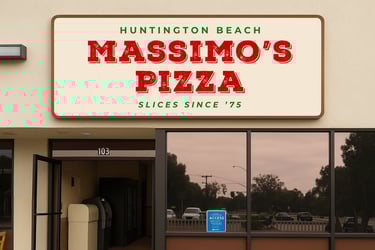 Massimo’s Pizza rebrand signage on storefront in Huntington Beach.