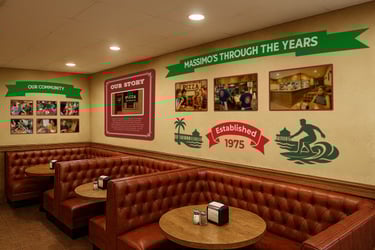 Massimo’s Pizza rebrand wall graphics showcasing history, community, and heritage since 1975.