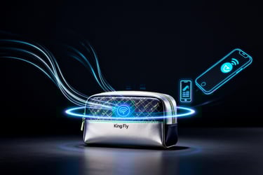 A King Fly cosmetic pouch with a glowing NFC halo, with data streams connecting to a phone icon.