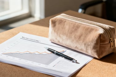 A high-end custom cosmetic pouch placed on a desk next to a business report.